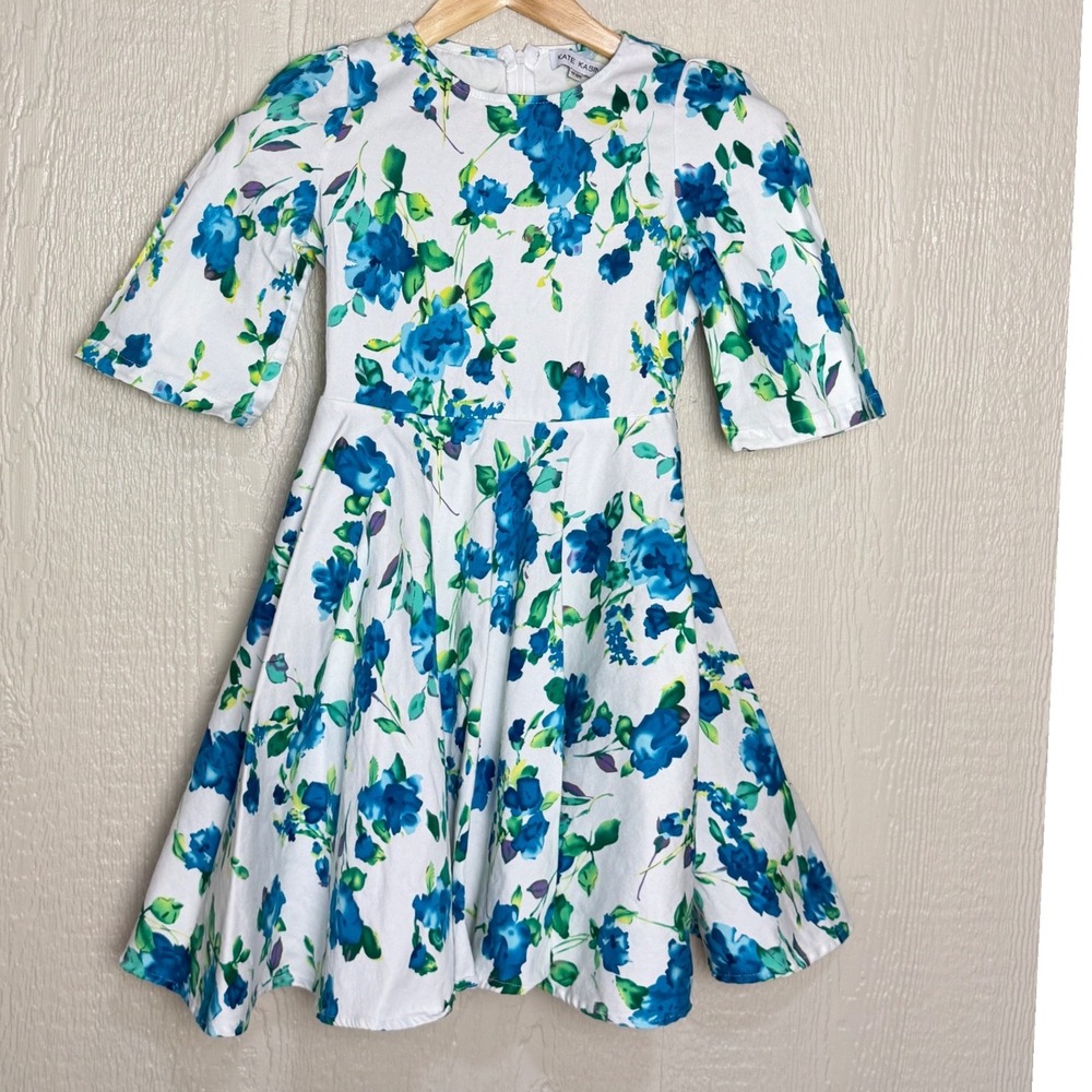 Kate Kasin Girls Blue Floral Fit and Flare Dress Size 11-12Y Elbow Sleeve Rose